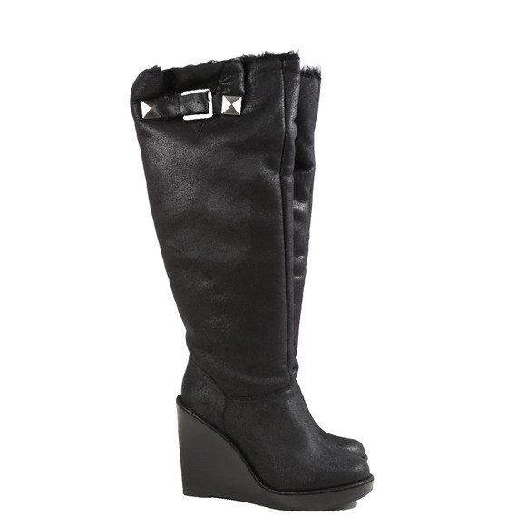 Michael Kors Black Faux Suede Calista Wedge Boots Size 8.5M Winter Knee Height - Picture 1 of 11